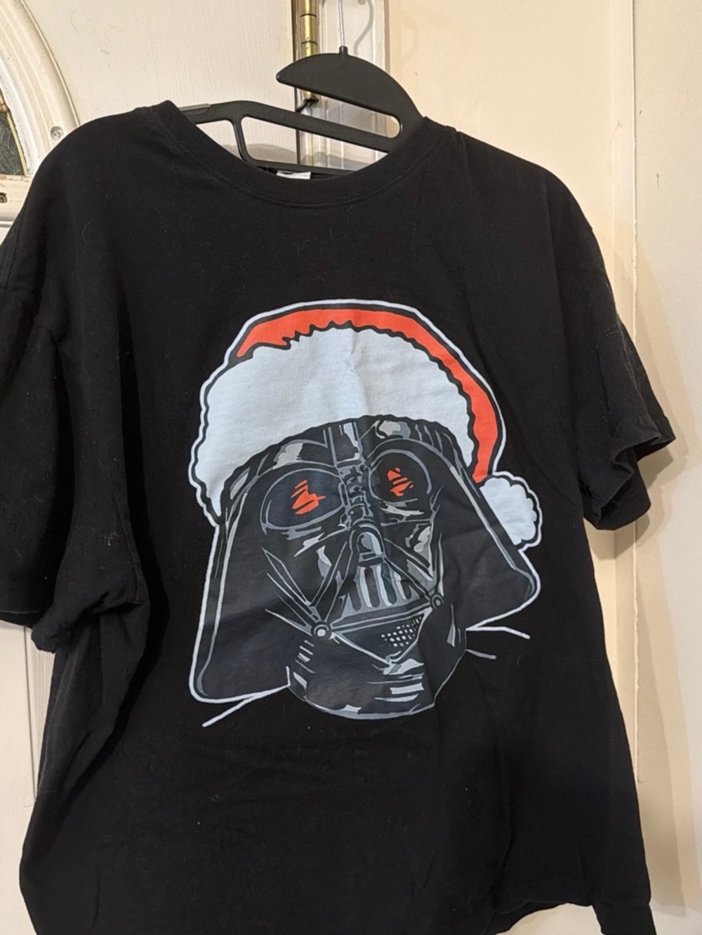 Men's Black Graphic Holiday Tee with Festive Helmet Print Santa Star Wars Vader